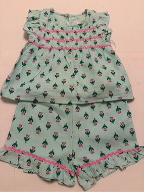Girls Mint Floral Ruffle Matching Set - Pink Accent